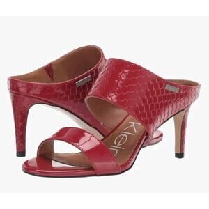 Calvin Klein CECILY Python Cherry Red Patent Leather Spiked Peep-Toe Heel 7